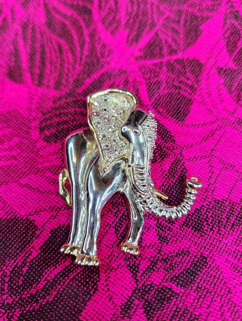 Vintage MJ Silver Gold Tone Elephant Brooch And Pendant With Rhinestones.